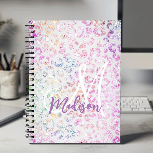 Cute iridescent Animal print glitter monogram Notitieboek