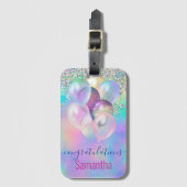 Cute iridescent blue glitter ballons monogram bagagelabel (Voorkant (verticaal))