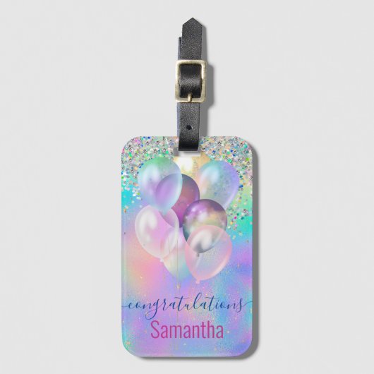 Cute iridescent blue glitter ballons monogram bagagelabel (Voorkant (verticaal))