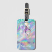 Cute iridescent blue glitter ballons monogram bagagelabel (Voorkant (verticaal))