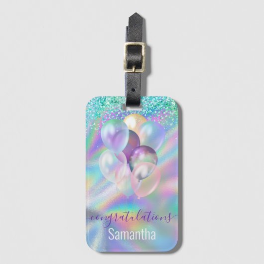 Cute iridescent blue glitter ballons monogram bagagelabel (Voorkant (verticaal))