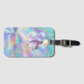Cute iridescent blue glitter ballons monogram bagagelabel (Voorkant (horizontaal))