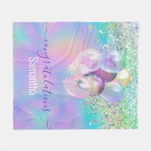 Cute iridescent blue glitter ballons monogram fleece deken (Voorkant (Horizontaal))