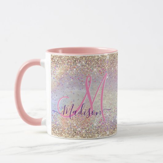 Cute iridescent faux gold glitter monogram mok (Links)
