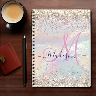 Cute iridescent faux gold glitter monogram notitieboek