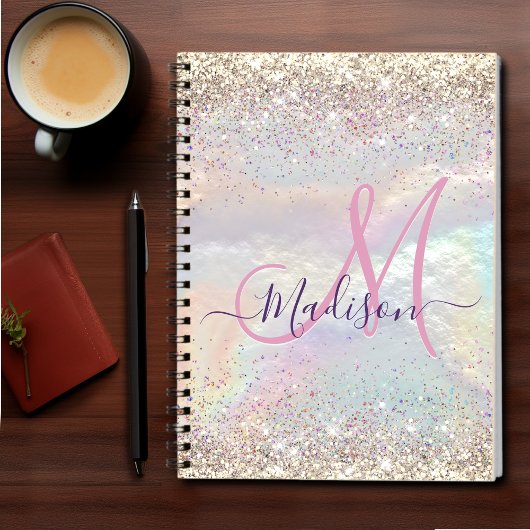 Cute iridescent faux gold glitter monogram notitieboek