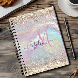 Cute iridescent faux gold glitter monogram notitieboek