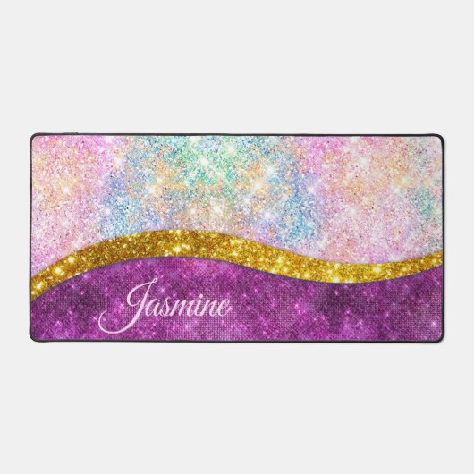 Cute iridescent fuchsia gold faux glitter monogram bureaumat (Voorkant)