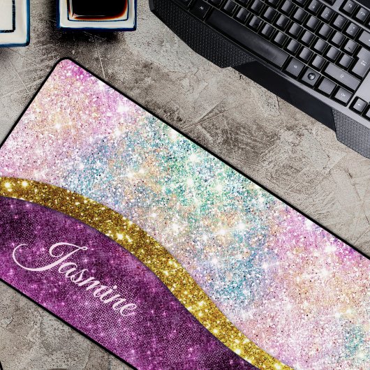 Cute iridescent fuchsia gold faux glitter monogram bureaumat