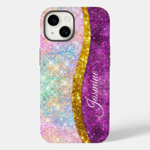 Cute iridescent fuchsia gold faux glitter monogram Case-Mate iPhone 14 hoesje