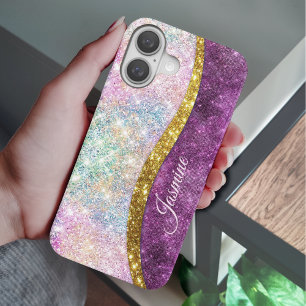 Cute iridescent fuchsia gold faux glitter monogram iPhone 16 hoesje