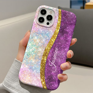 Cute iridescent fuchsia gold faux glitter monogram Case-Mate iPhone 14 hoesje