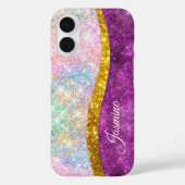 Cute iridescent fuchsia gold faux glitter monogram Case-Mate iPhone case (Achterkant)