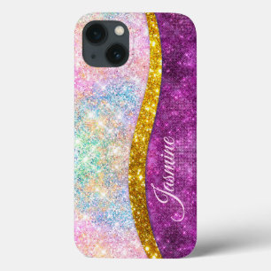 Cute iridescent fuchsia gold faux glitter monogram Case-Mate iPhone case
