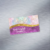 Cute iridescent fuchsia gold faux glitter monogram magnetisch visitekaartje (Voorbeeld)