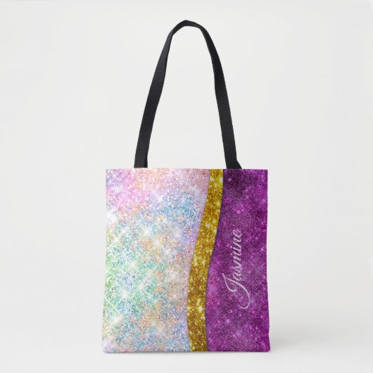 Cute iridescent fuchsia gold faux glitter monogram tote bag (Voorkant)