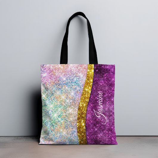 Cute iridescent fuchsia gold faux glitter monogram tote bag