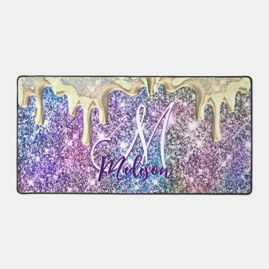 Cute Iridescent Gold paarse glitter druppelt monog Bureaumat (Voorkant)