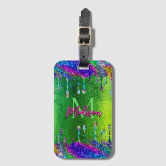 Cute iridescent green Glitter Drivers monogram Bagagelabel (Voorkant (verticaal))