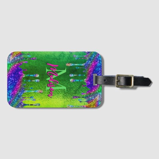 Cute iridescent green Glitter Drivers monogram Bagagelabel (Voorkant (horizontaal))