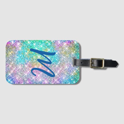Cute iridescent kleurig faux glitter monogram bagagelabel (Voorkant (horizontaal))