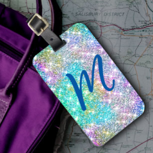 Cute iridescent kleurig faux glitter monogram bagagelabel