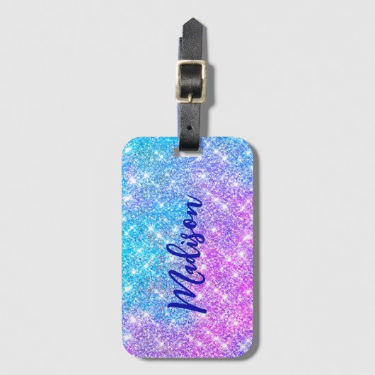 Cute iridescent kleurige faux glitter monogram lug bagagelabel (Voorkant (verticaal))