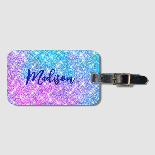 Cute iridescent kleurige faux glitter monogram lug bagagelabel (Voorkant (horizontaal))