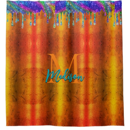 Cute iridescent oranje Glitter Drift monogram Douchegordijn (Voorkant)