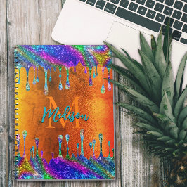 Cute iridescent oranje Glitter Drift monogram Notitieboek