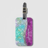 Cute iridescent paars blauwgroen faux glitter mono bagagelabel (Voorkant (verticaal))