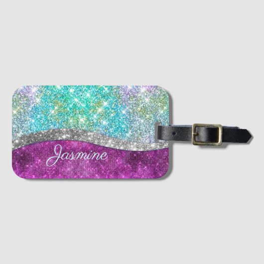 Cute iridescent paars blauwgroen faux glitter mono bagagelabel (Voorkant (horizontaal))