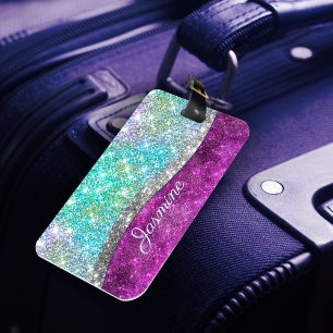 Cute iridescent paars blauwgroen faux glitter mono bagagelabel