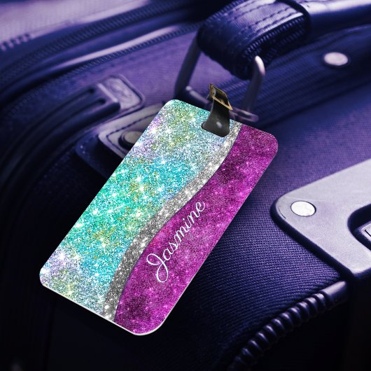 Cute iridescent paars blauwgroen faux glitter mono bagagelabel