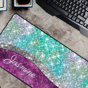 Cute iridescent paars blauwgroen faux glitter mono bureaumat