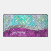 Cute iridescent paars blauwgroen faux glitter mono bureaumat (Voorkant)