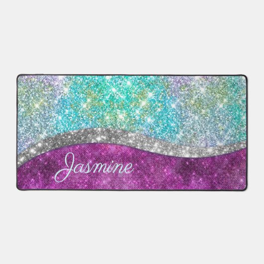 Cute iridescent paars blauwgroen faux glitter mono bureaumat (Voorkant)