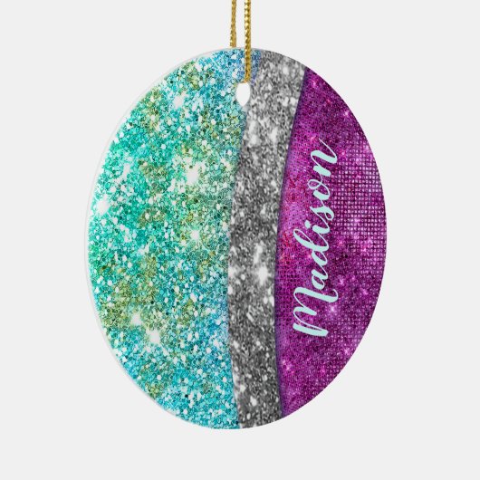 Cute iridescent paars blauwgroen faux glitter mono keramisch ornament (Rechts)