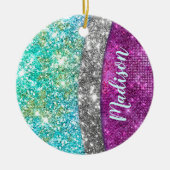 Cute iridescent paars blauwgroen faux glitter mono keramisch ornament (Voorkant)