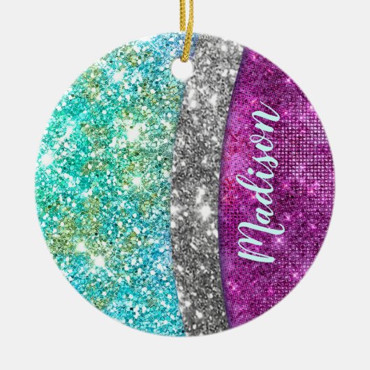 Cute iridescent paars blauwgroen faux glitter mono keramisch ornament (Voorkant)
