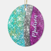 Cute iridescent paars blauwgroen faux glitter mono keramisch ornament (Links)