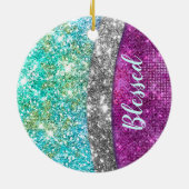 Cute iridescent paars blauwgroen faux glitter mono keramisch ornament (Achterkant)