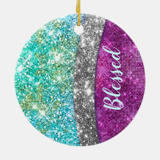 Cute iridescent paars blauwgroen faux glitter mono keramisch ornament (Achterkant)