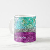 Cute iridescent paars blauwgroen faux glitter mono koffiemok (Voorkant links)