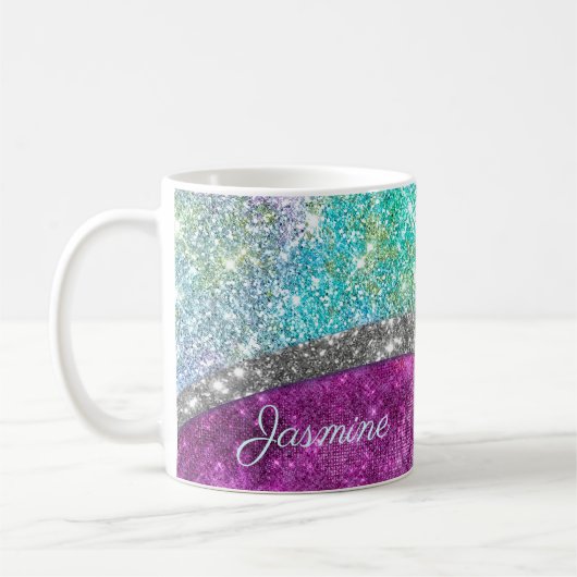Cute iridescent paars blauwgroen faux glitter mono koffiemok (Links)