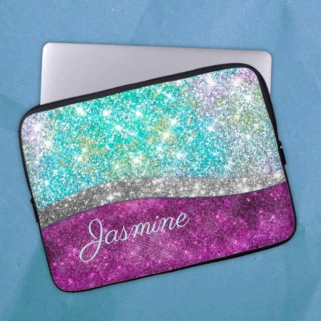 Cute iridescent paars blauwgroen faux glitter mono laptop sleeve (Creator heeft geüpload)