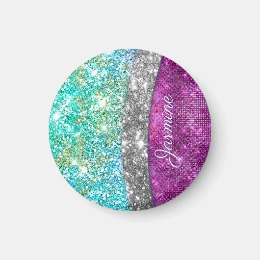 Cute iridescent paars blauwgroen faux glitter mono magneet (Voorkant)