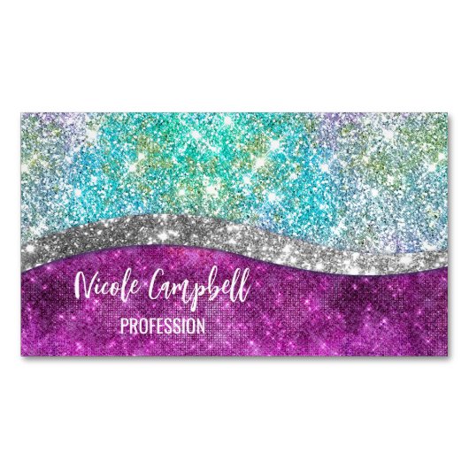 Cute iridescent paars blauwgroen faux glitter mono magnetisch visitekaartje (Voorkant)