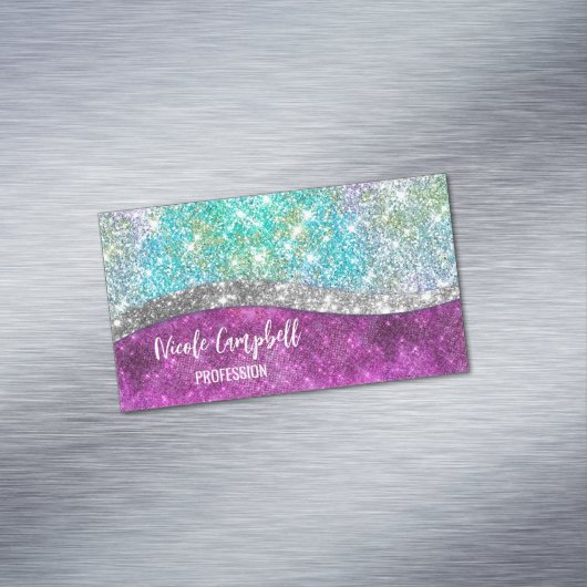 Cute iridescent paars blauwgroen faux glitter mono magnetisch visitekaartje (Voorbeeld)