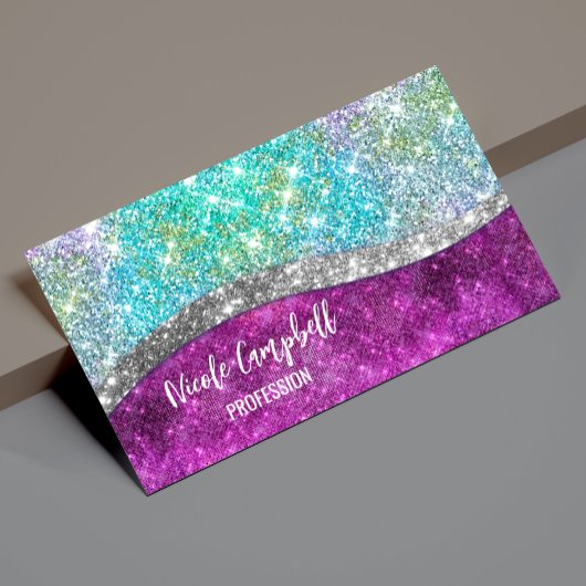 Cute iridescent paars blauwgroen faux glitter mono magnetisch visitekaartje
